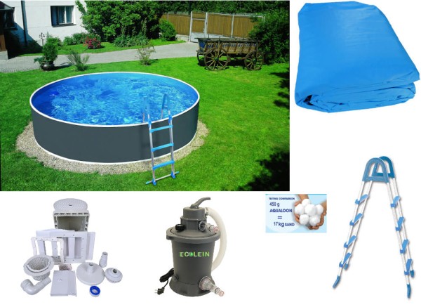 Rundpool-Set graphit 3,60 x 1,20 m mit Sandfilter Ecolein, Skimmer, Leiter, Aqualoon 450