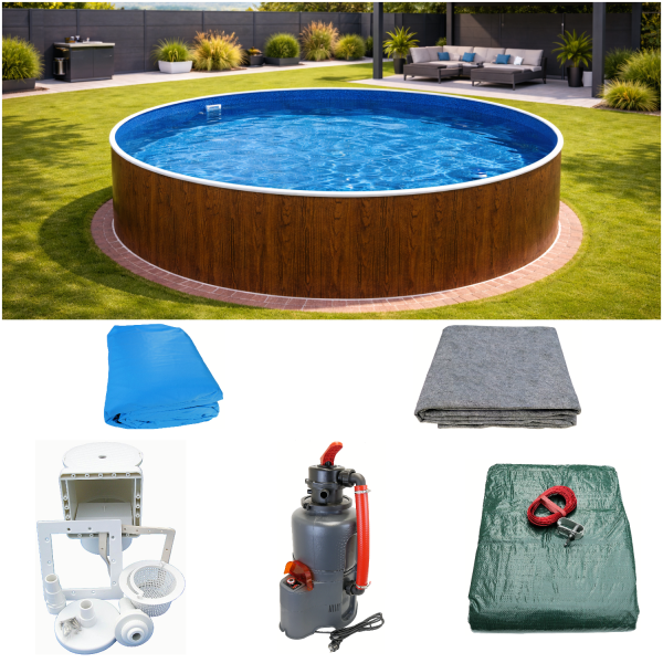Rundpool-Set Holzoptik 3,60 x 1,20 m, Poolfolie blau, Sandfilter, Skimmer, Sicherheitsleiter, Vlies