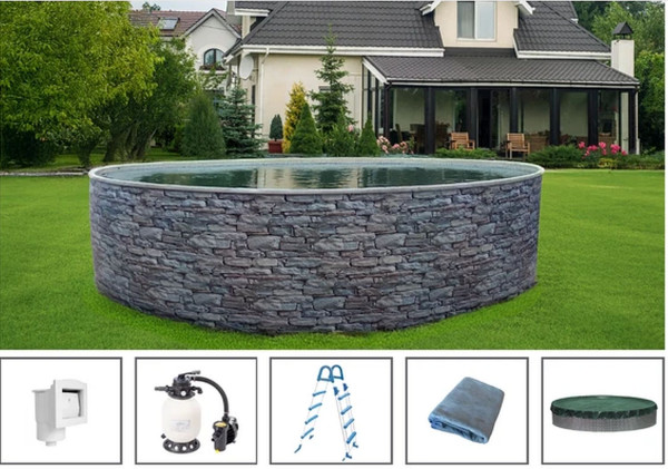 Rundpool-Set Steinoptik 4,60 x 1,20 m mit Sandfilter, Skimmer, Sicherheitseiter, Vlies, Abdeckung