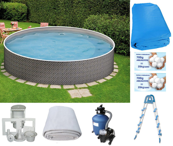 Rundpool-Set Rattanoptik 4,60 x 1,20 m mit Skimmer, Leiter, Sandfilter, Aqualoon, Vlies