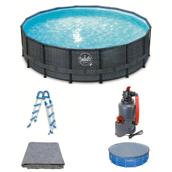 Rattanoptik Frame-Pool 488 x 122 cm Set Sandfilteranlage, Sicherheitsleiter, Vlies, Abdeckung