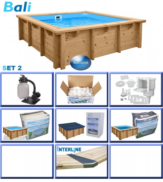 Holzpool Komplett-Set PLUS BALI Kinderbecken viereckig 2,10m x 2,10m x 0,78m