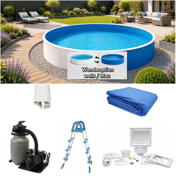 Stahlwandpool Set weiß/blau 3,60 m x 0,90 m mit Skimmer, Leiter, Sandfilteranlage