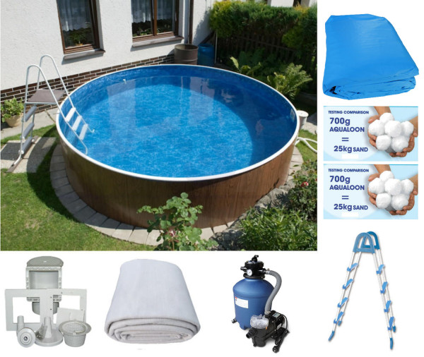 Rundpool-Set Holzoptik 4,60 x 1,20 m Poolfolie blau, Skimmer, Leiter, Sandfilter, Aqualoon, Vlies
