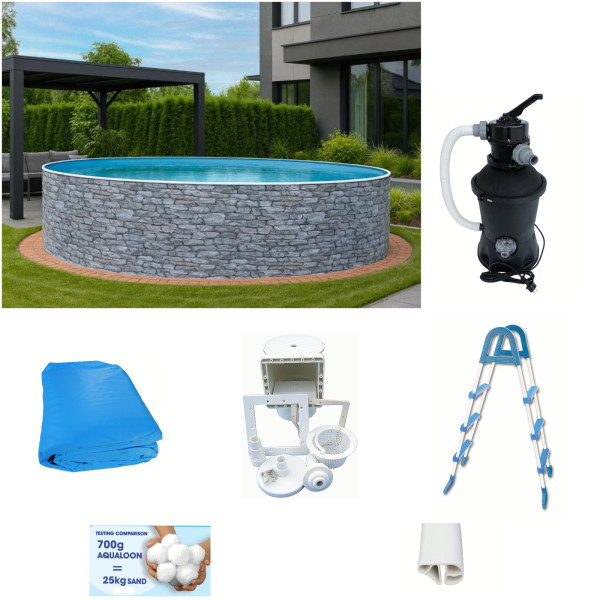 Rundpool-Set Steinoptik 3,60 x 0,90 m mit Sandfilter Kompakt Sun, Leiter, Skimmer, Aqualoon 450 g