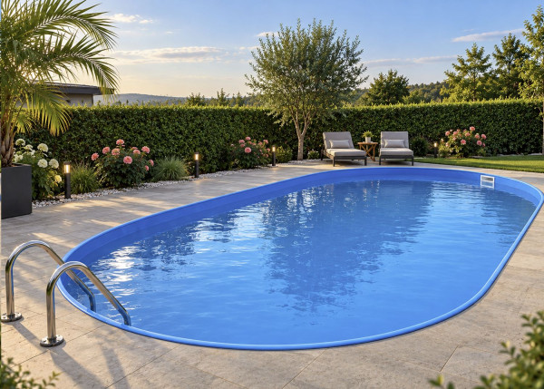 Ovalpool Ibiza 5,25 x 3,2 m Tiefe 1,5 m - Handlauf Blau - Folie Blau
