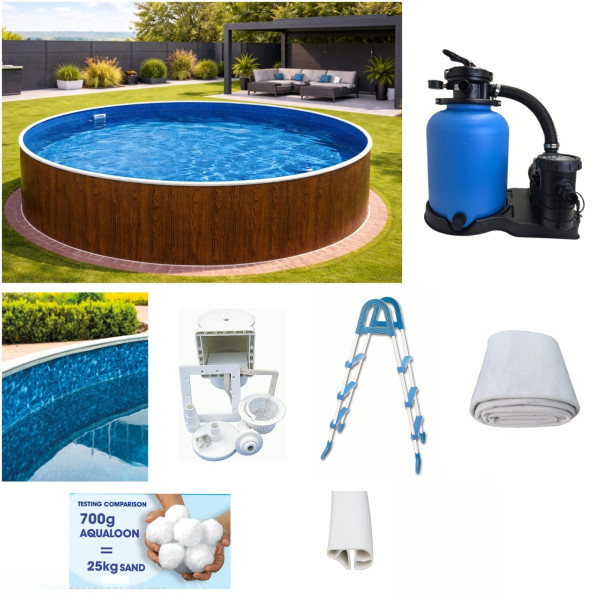 Rundpool-Set Holzoptik 4,60 x 1,20 m Folie marmoriert, Skimmer, Leiter, Sandfilter, Aqualoon, Vlies