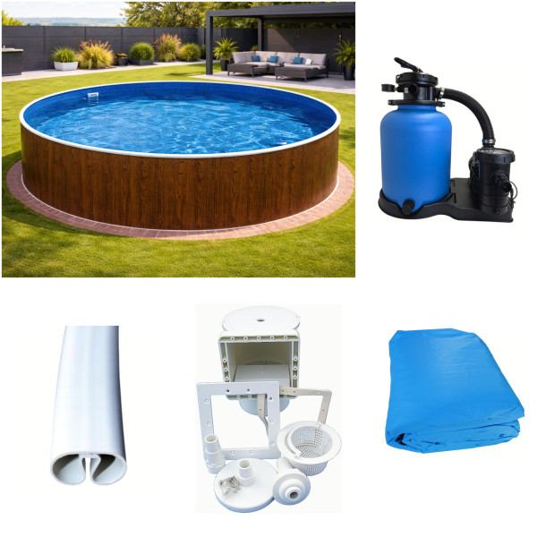 Rundpool-Set Holzoptik 4,60 x 1,20 m Poolfolie blau, Skimmer, Sandfilter