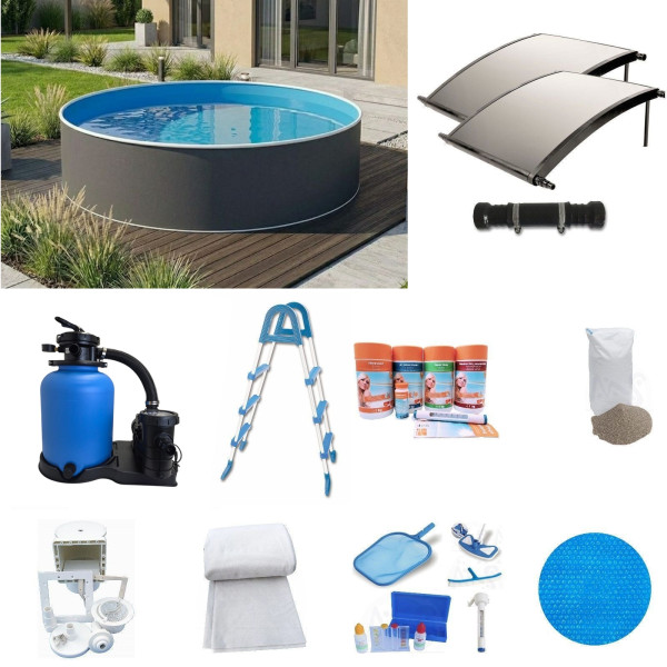 Stahlwandpool-PROFI-KOMPLETT-Set in graphit 3,60 x 0,90 m inkl. Solarabsorber, Sandfilter