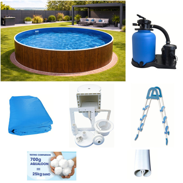 Rundpool-Set Holzoptik 3,60 x 1,20 m, Poolfolie blau, Sandfilter, Skimmer, Leiter, Aqualoon