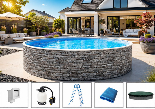 Rundpool Set Steinoptik 4,60 x 1,20 m mit Sandfilter Aqua Plus, Skimmer, Sicherheitseiter, Vlies
