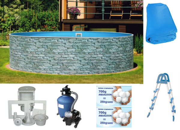 Rundpool-Set Steinoptik 3,60 x 0,90 m mit Sandfilteranlage Trend Top 380, Leiter, Skimmer, Aqualoon