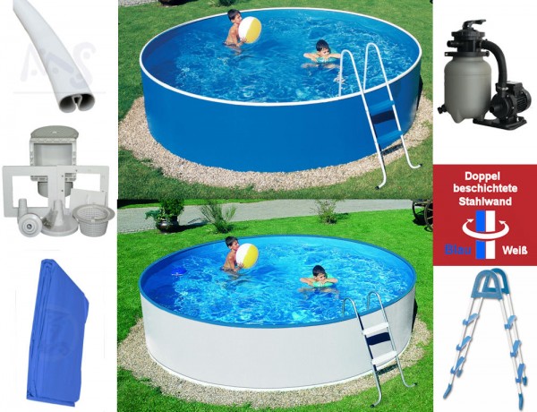 Schwimmbecken Set 3,60 m x 0,90 m weiß/blau mit Skimmer, Leiter, Sandfilter Premium 250 O ohne Vorfi