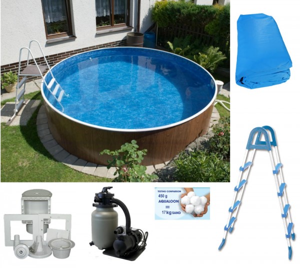 Schwimmbecken Set Holzoptik 3,60 x 1,20 m, Premium 250 O mit Vorfilter, Leiter, 700g Aqualoon