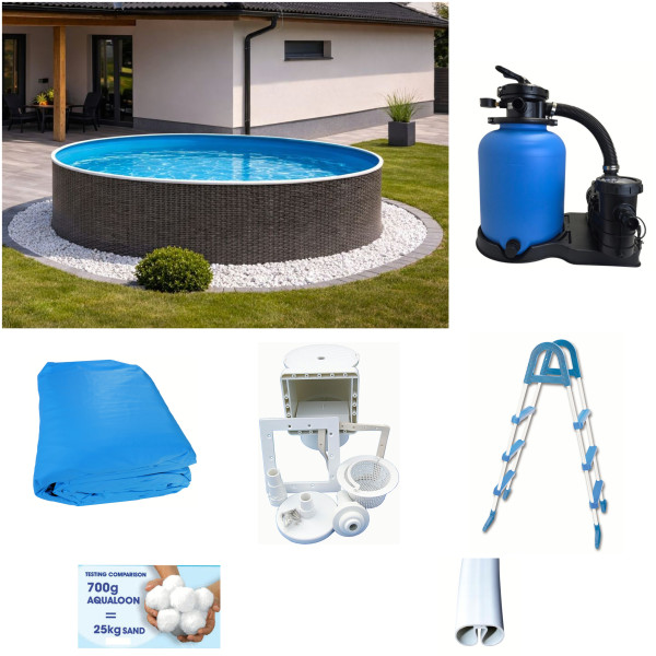 Rundpool-Set Rattanoptik 3,60 x 1,20 m mit Leiter, Sandfilteranlage und Aqualoon